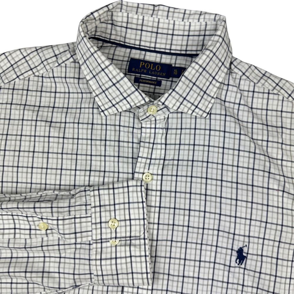Polo Ralph Lauren Performance Shirt Mens XL White Blue Tattersall Plaid Stretch